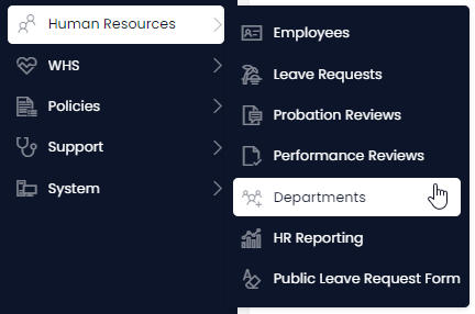 This image is a screenshot that depicts the user navigating to the &quot;Departments&quot; page of Rapid Platform. The image contains two red boxes which indicate what items to click on the sidebar. One red box surrounds the &quot;Human Resources&quot; menu item, and the other box surrounds the &quot;Departments&quot; menu item.